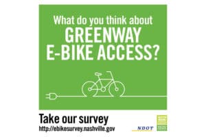 Plakat mit Aufruf zur Beteiligung an einer Umfrage zur E-Bike-Nutzung auf den Greenways in Nashville