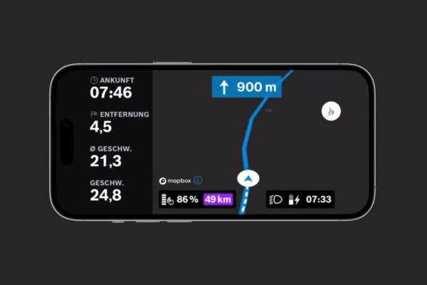 Darstellung der Navigation als Dark Map mit dem Update 1.12 für die eBike Flop App des Bosch Smart System