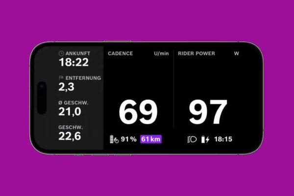Anzeige der Trittfrequenz und der Eigenleistung der Fahrenden im Ride Screen mit dem Update 1.12 für die eBike Flop App des Bosch Smart System