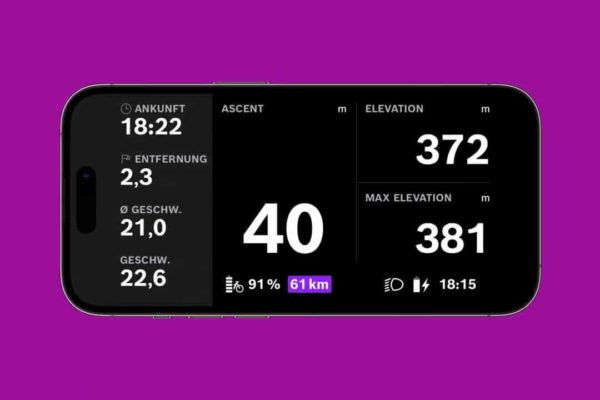 Anzeige der Höhendifferenzen im Ride Screen mit dem Update 1.12 für die eBike Flop App des Bosch Smart System